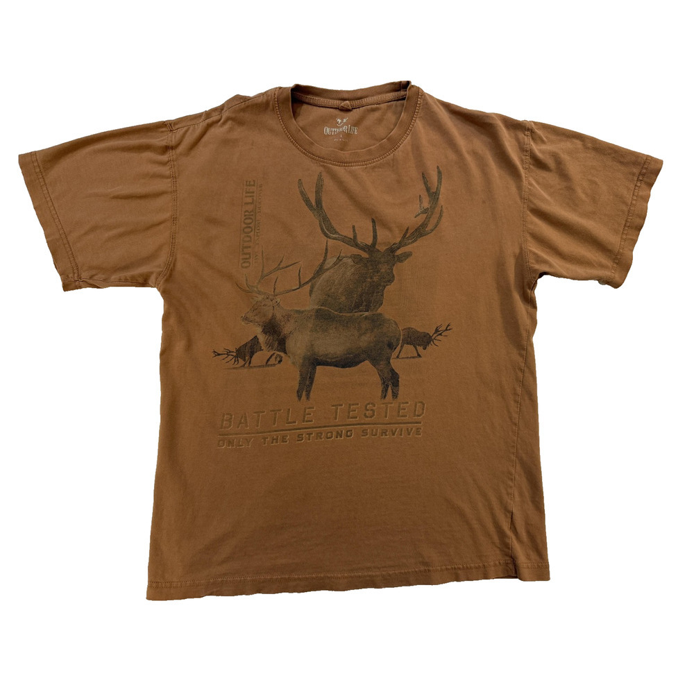 Outdoor Life Nature TShirt Mens Large Fader‎ Brown Elk Deer Hunting Gorpcore